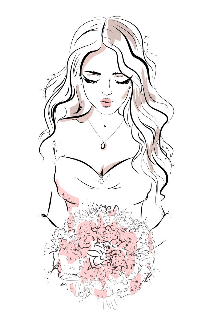 美丽的年轻女子肖像。手绘时尚女人。素描.矢量插图. 