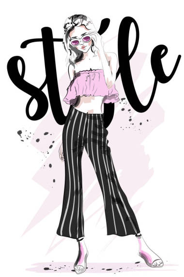 時(shí)尚美麗的女人與時(shí)尚的背景。手繪可愛的女孩在時(shí)尚的衣服。素描.矢量插圖. 