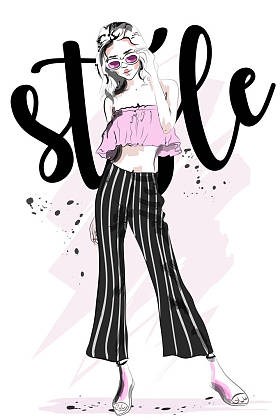 时尚美丽的女人与时尚的背景。手绘可爱的女孩在时尚的衣服。素描.矢量插图. 