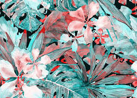 热带的模式。水彩的泰国棕榈、 龟背竹、 木槿、 香蕉树