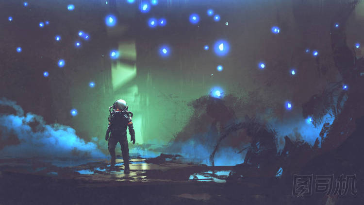 宇航員走在一個夢幻般的森林, 在空氣中漂浮著發(fā)光的孢子, 數(shù)字藝術(shù)風(fēng)格, 插圖繪畫