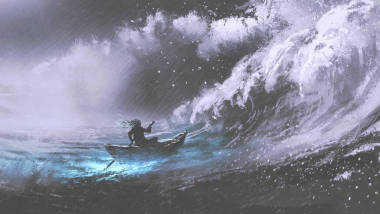 在驚濤駭浪中劃船的人, 有流氓波浪, 數(shù)字藝術(shù)風(fēng)格, 插圖繪畫