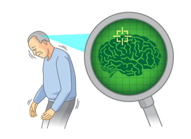 用放大鏡檢查老年人的大腦內部。醫(yī)學掃描概念示意圖