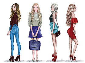 手绘套装与漂亮的年轻女性在时装服装。时髦的女孩。素描.矢量插图. 