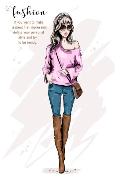 时尚模特摆姿势时尚漂亮的年轻女人穿着时髦的衣服。时尚的外观。戴墨镜的可爱女孩素描