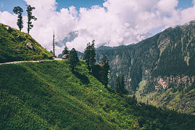 美丽的树木和道路与汽车在风景秀丽的山, 印度喜马拉雅, 唐通行