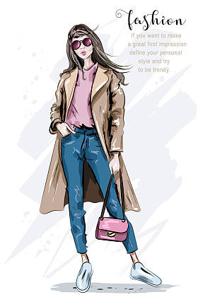 时尚模特摆姿势穿着大衣的漂亮年轻女子。时尚女装包。手绘的女孩在太阳镜。素描.矢量插图. 