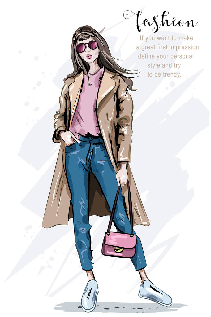 时尚模特摆姿势穿着大衣的漂亮年轻女子。时尚女装包。手绘的女孩在太阳镜。素描.矢量插图. 