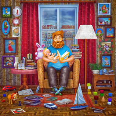 3d 父親和兒子在扶手椅上讀書的插圖