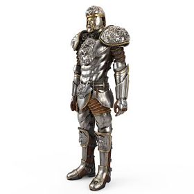 一只狮子全身盔甲, 与白色背景隔绝。3d 插图