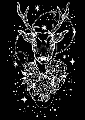手绘的时尚矢量插图, 与鹿和牡丹花在夜空背景。纹身 art。矢量线性样式图稿被隔离。Bohema, 炼金术, 占星术, 印刷品, 海报, t-shirts