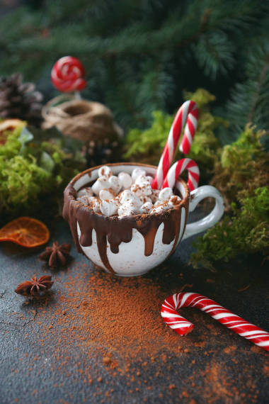 圣誕節(jié)熱巧克力在黑杯子與焦桔子, 冷杉分支和糖果藤在黑暗的背景, 選擇的焦點