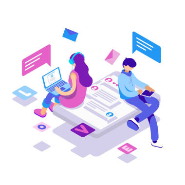 虚拟关系, 网上约会和社交网络的概念-青少年在互联网上聊天。矢量3d 等轴图