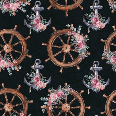 無縫水彩花紋與方向盤, 錨和插花黑色背景, 完美的包裝, 壁紙, 問候, 婚禮請柬, 浪漫等