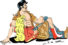 坐在华丽的金色女牛仔旁边的牛仔