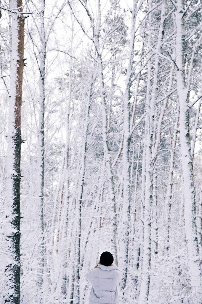 在白雪皚皚的森林里行走的女孩的后視圖