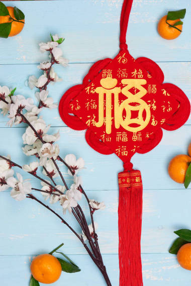 平躺農(nóng)歷新年橘子和梅花在木桌上