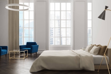 白色卧室内部, 侧面照片