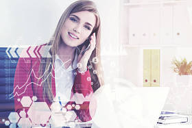 在办公室的电话微笑的妇女, 信息