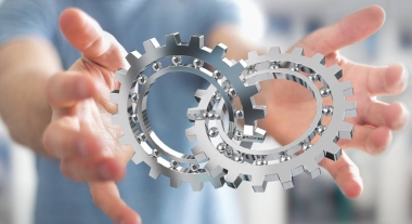 使用浮动现代齿轮机制 3d 渲染的商人