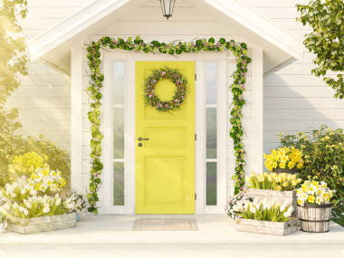 春天装饰的门廊上有很多花。3d 渲染