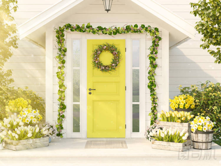 春天裝飾的門廊上有很多花。3d 渲染