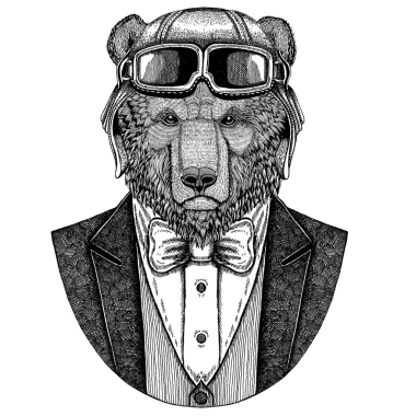 棕熊俄国熊动物佩带飞行员盔甲和夹克与弓领带飞行俱乐部手画的例证为纹身、t-shirt、徽章、标志、徽章、补