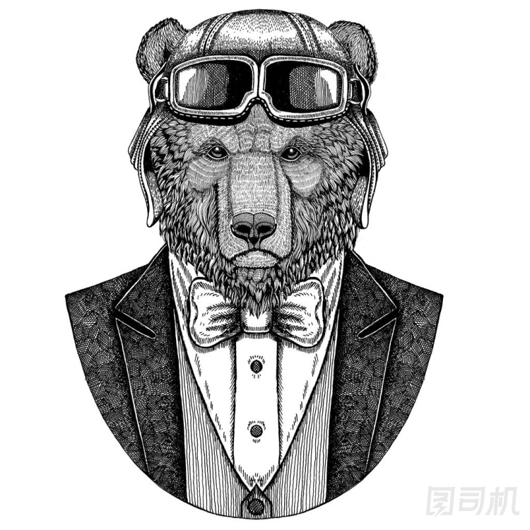 棕熊俄國熊動物佩帶飛行員盔甲和夾克與弓領(lǐng)帶飛行俱樂部手畫的例證為紋身、t-shirt、徽章、標(biāo)志、徽章、補(bǔ)