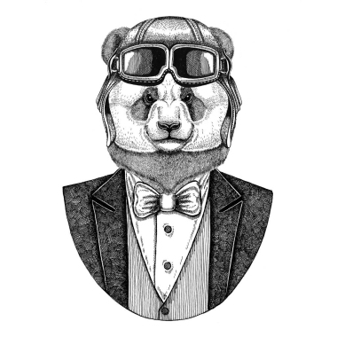 熊猫熊, 竹熊动物佩带飞行员头盔和夹克与弓领带飞行俱乐部手画的例证为纹身, t-shirt, 徽章, 标志, 徽章, 补