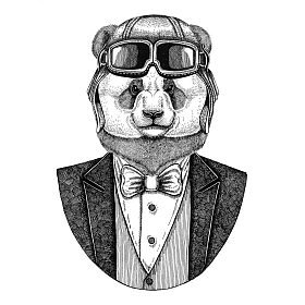 熊猫熊, 竹熊动物佩带飞行员头盔和夹克与弓领带飞行俱乐部手画的例证为纹身, t-shirt, 徽章, 标志, 徽章, 补