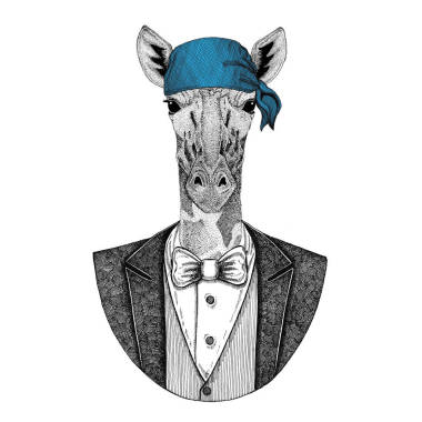 Camelopard, 長頸鹿狂放的摩托車手, 海盜動物佩帶手帕手繪圖象為紋身、徽章、徽章、標志、補丁、t-shirt