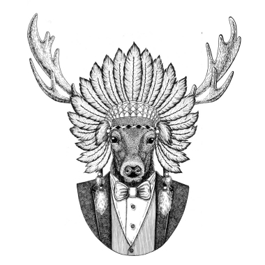 鹿野獸戴 inidan 帽, 頭裙用羽毛手繪圖案作紋身, t-shirt, 徽, 徽章, 徽標(biāo), 補(bǔ)