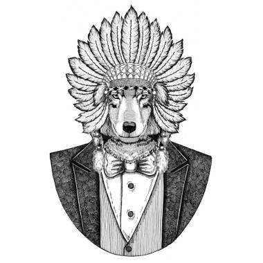 狼犬野生動(dòng)物身穿 inidan 帽, 頭禮服與羽毛手繪圖像為紋身, t-shirt, 徽章, 徽章, 標(biāo)志, 補(bǔ)
