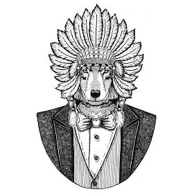 狼犬野生动物身穿 inidan 帽, 头礼服与羽毛手绘图像为纹身, t-shirt, 徽章, 徽章, 标志, 补
