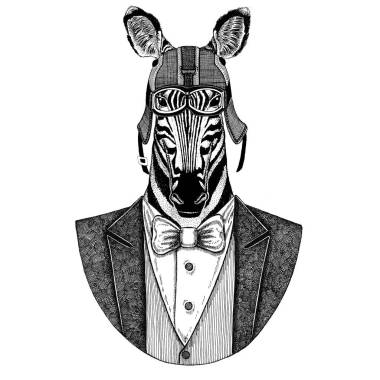 斑馬馬動(dòng)物穿夾克與弓領(lǐng)帶和車手頭盔或 aviatior 頭盔。優(yōu)雅的摩托車手, 摩托騎手, 飛行員。圖像為紋身, t-shirt, 徽章, 徽章, 標(biāo)志, 補(bǔ)