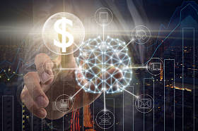 商人的手接触全球网络和美元货币文本金融技术或 Fintech 在城市背景, 商业创新和技术概念的交易图