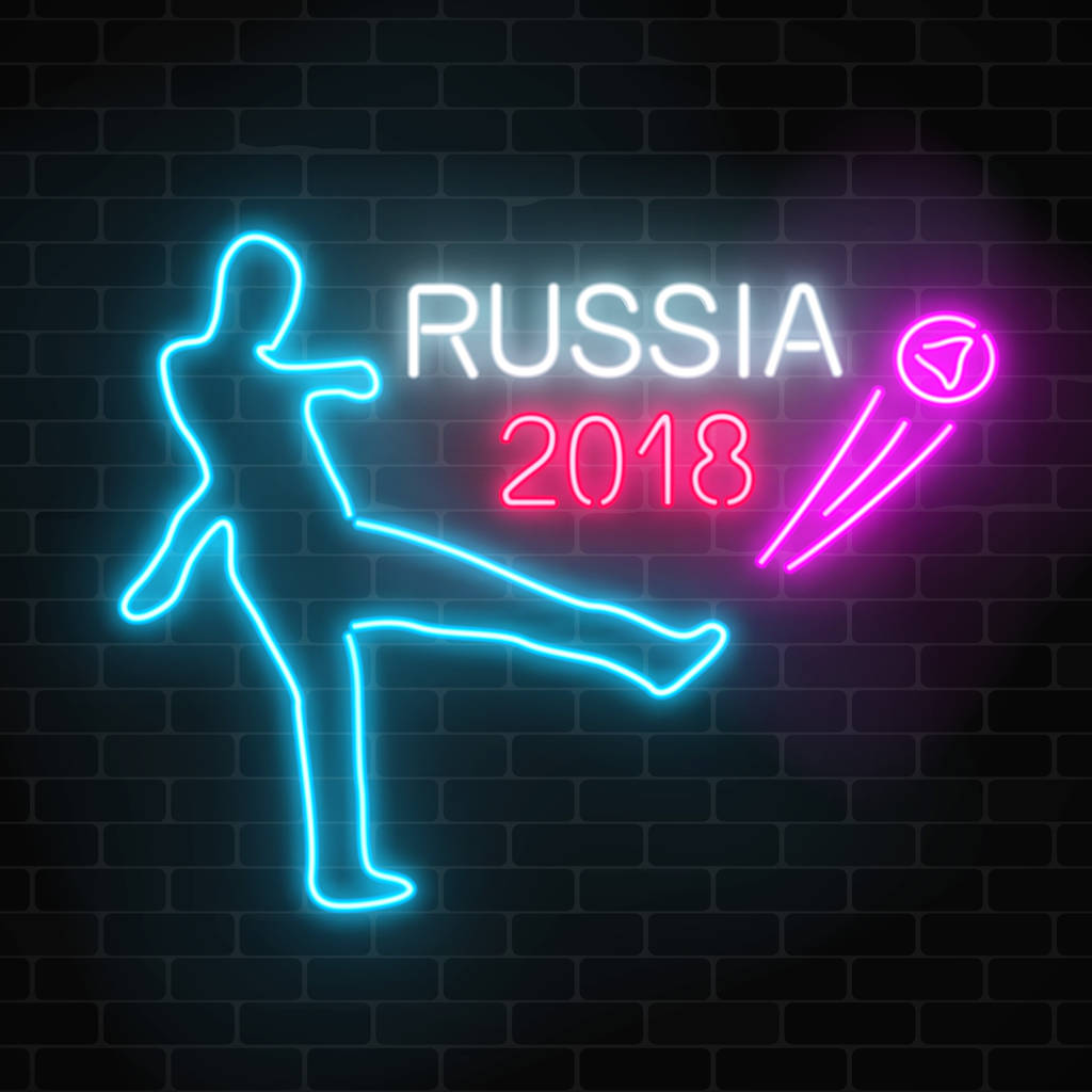 足球世界杯2018在俄罗斯霓虹灯发光的招牌在黑暗的砖墙背景