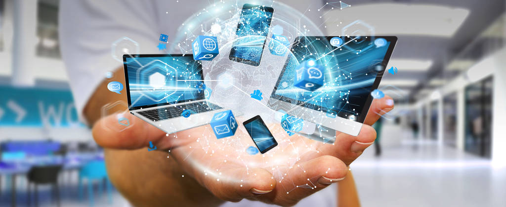 科技设备彼此相连的商人 3d 渲染 科技设备彼此相连的商人 3d 渲染