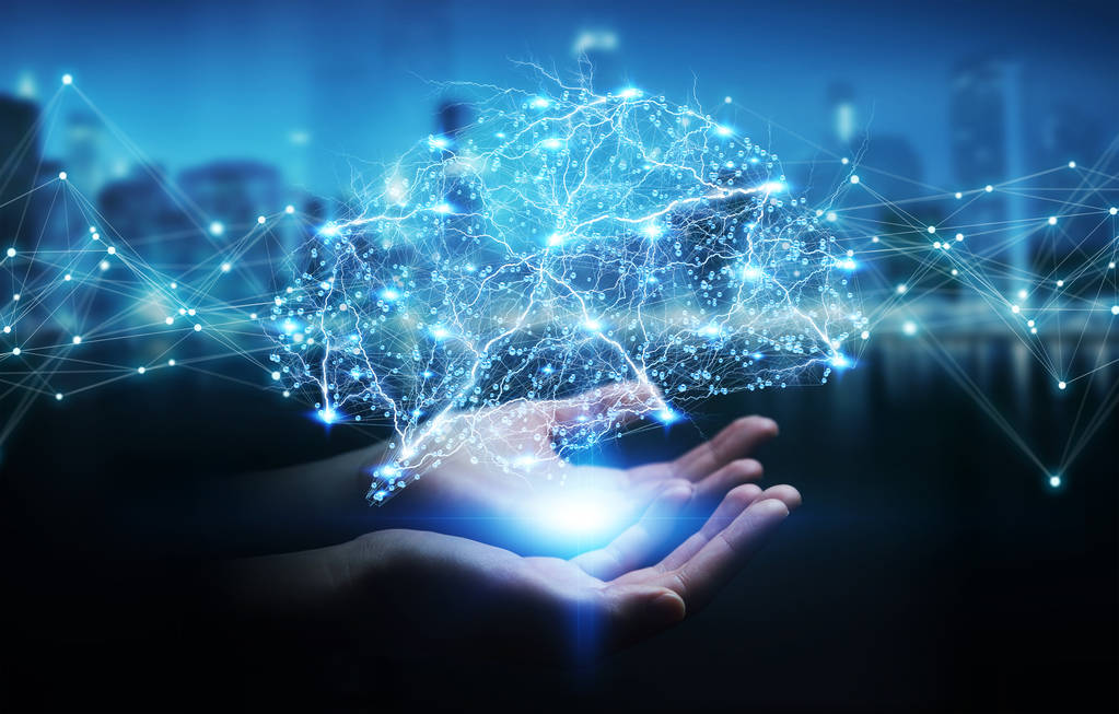 女实业家使用数字 x 射线人脑界面3d 仁德 女实业家使用数字 x 射线人脑界面3d 仁德