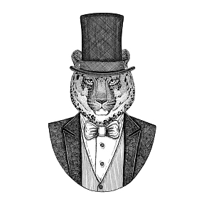 豹, 豹, 美洲狮, 美洲狮, 野猫。动物穿夹克与弓领带和丝绸帽子, 海狸帽子, 圆筒顶帽子。优雅的复古动物。图像为纹身, t-shirt, 徽章, 徽章, 标志, 补