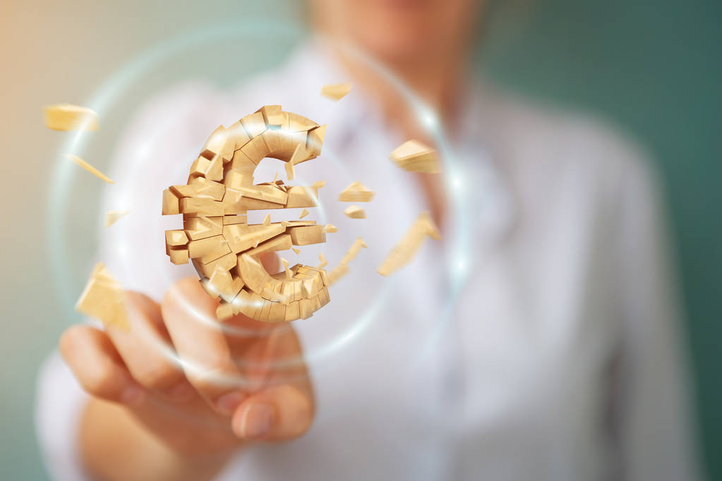 女商人与爆炸的欧元货币3D渲染