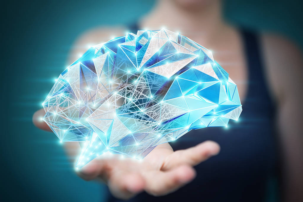 抱着她的手 3d r x 射线数字人脑的女商人 抱着她的手 3d r x 射线数字人脑的女商人