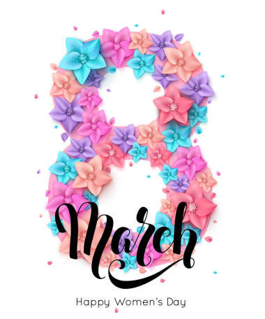 3月8日賀卡鮮花裝飾。國際婦女節(jié)背景與手寫刻字題詞。矢量插圖