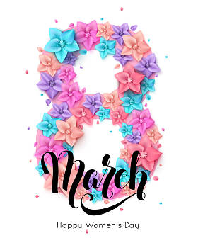 3月8日贺卡鲜花装饰。国际妇女节背景与手写刻字题词。矢量插图