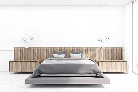 白色和木制的卧室, 灰色的床