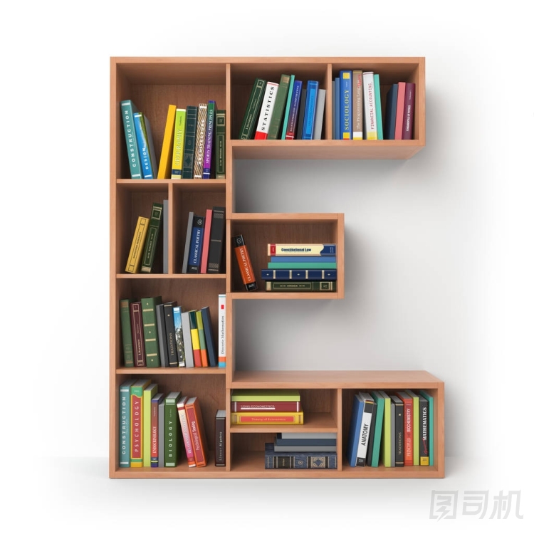 字母 e 字母表形式的書架與書籍隔離