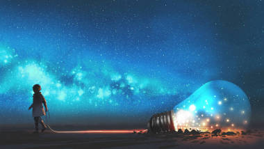 男孩拉大燈泡半埋在地面上與夜空的星星和空間塵埃, 數字藝術風格, illustraation 繪畫