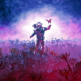 实地考察/ 3D宇航员在外星风景中遇到蝴蝶