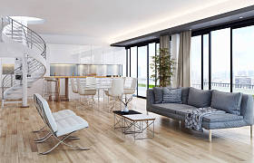 现代明亮的内部3D渲染插图