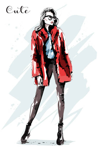 手畫的漂亮的年輕女子在毛皮夾克。時裝模特造型?？蓯鄣呐⒃跁r髦的 cllthes。素描